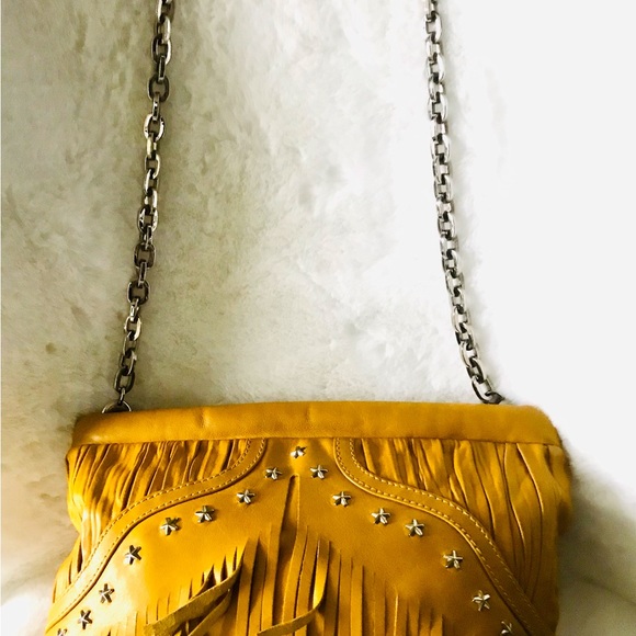 JIMMY CHOO INA NAPPA FRINGED MUSTARD YELLOW LEATHER CLUTCH (AUTHENTIC) - Picture 3 of 12